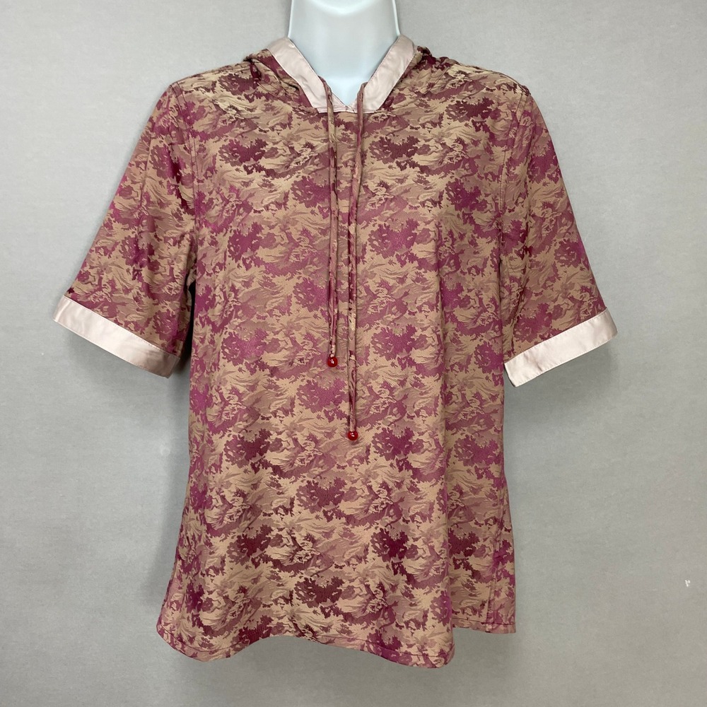 Short Sleeve Blouse Hood Top Silk Blend Hoodie Burgundy Tan Women Artsy Boho